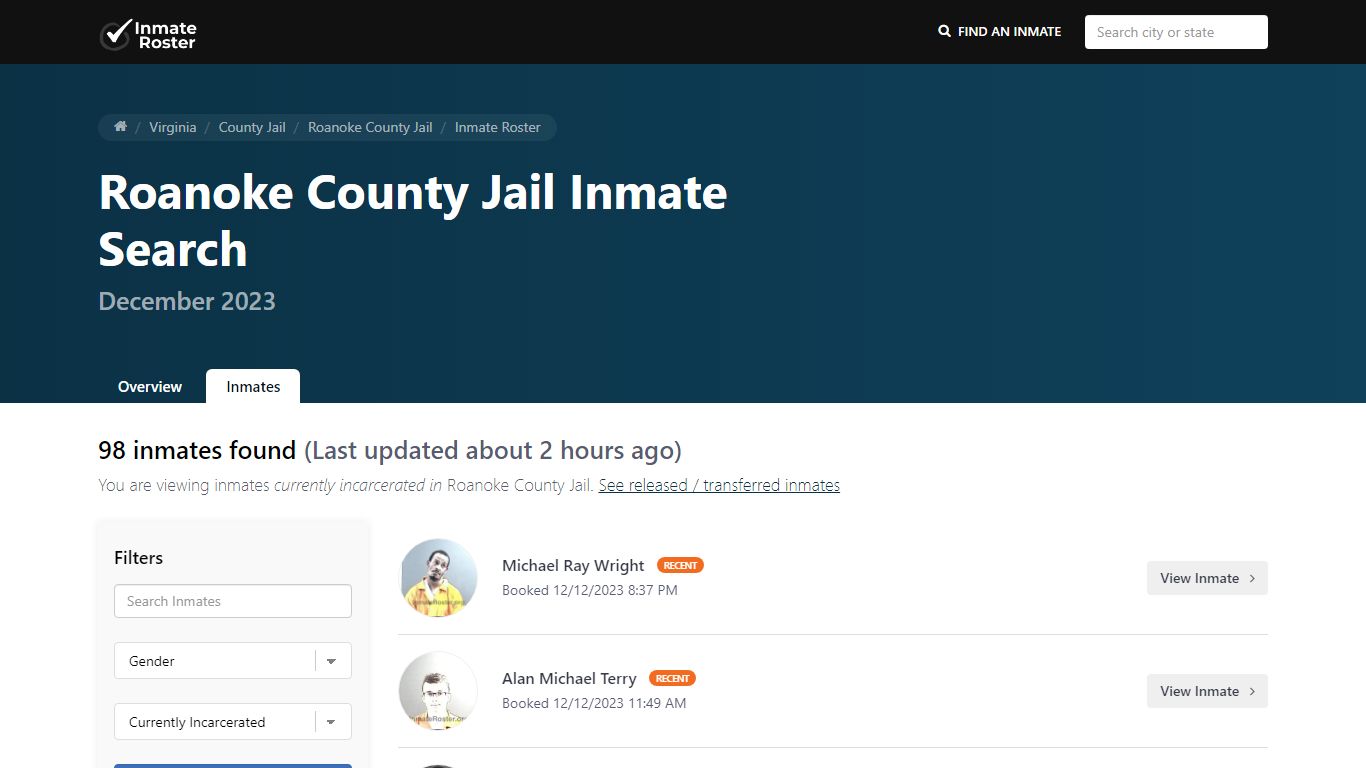 Current Inmate Roster for Today | Roanoke County Jail